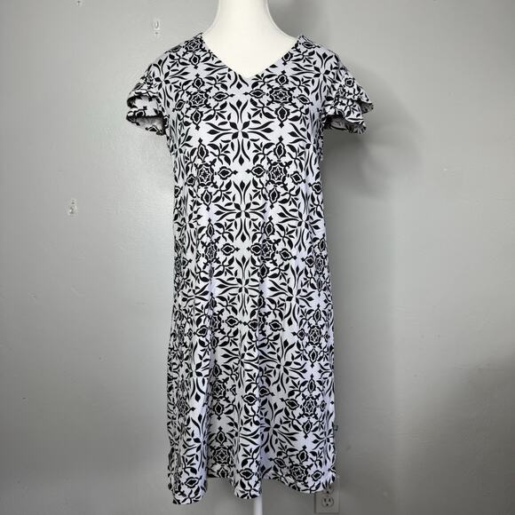 Banana Boat Women’s Dress Small Black White Floral Short Flutter Sleeve UPF 50 - Picture 1 of 7